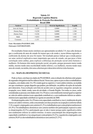 88
Tabela 3.9
Regressão Logística Binária
Probabilidade de Proteção Previdenciária
Brasil 2008
Variável B Nível de Significância Exp(B)
Anos de Estudo + 0,105 0,0000 1.110
Dummy Raça + 0,250 0,0000 1.284
Dummy Sexo + 0,326 0,0000 1.385
Idade + 0,022 0,0000 1.022
Constante -1,335 0,0000 0.263
Fonte: Microdados PNAD/IBGE 2008.
Elaboração CGEP/DRGPS/MPS.
Os resultados foram muito similares aos apresentados na tabela 3.9, mas cabe destacar
que o coeficiente de anos de estudo foi menor que o de renda e, nessa última regressão, o
coeficiente da dummy de sexo foi maior. Tal resultado parece indicar que a renda parece
ser uma variável explicativa mais importante que anos de estudo, em que pese a forte
correlação entre ambas, para explicar a diferença de proteção social entre homens e
mulheres. Os homens têm maior proteção social, em parte, porque possuem maior renda
média, mesmo tendo uma escolaridade média inferior, e as mulheres, mesmo tendo mais
anosdeestudo,namédia,têmumacoberturaprevidenciáriainferioràdoshomens.
3.4 – Mapa da Desproteção Social
Pode-sefazer,combasenosdadosdaPNAD/IBGE,umaavaliaçãodacoberturaentregrupos
deseguradosobrigatóriosdaPrevidênciaSocial.Nessecaso,optou-seporavaliarostrabalhadores
ocupados,comidadesentre16e59erendaigualousuperiora1(um)salário-mínimo,namedida
em que constituem o grupo daqueles que podem, por definição, ser público de ações de inclusão
previdenciária. Essa avaliação será feita de acordo com as seguintes categorias: posição na
ocupação; sexo; idade; renda; ramo de atividade; e Grande Região. Em todos os casos, serão
consideradasaspessoascomidadesentre16e59anosecomrendimentomensaligualousuperior
ao valor do salário-mínimo (com capacidade contributiva), e com rendimento inferior ao salário-
mínimo(semcapacidadecontributiva)vigenteemsetembrode2008.
Osdesprotegidosentre16e59anoscomcapacidadecontributiva,issoé,rendimentodepelo
menosumsalário-mínimo,estãoconcentradosemduasposiçõesnaocupação(conformetabela
3.10,aseguir):empregadossemcarteira(41,2%)etrabalhadoresporcontaprópria(autônomos)
(41,9%). Os trabalhadores domésticos sem carteira também têm participação expressiva entre
os desprotegidos (8,3%), participação que só não é maior porque parte significativa deles
tem rendimento inferior ao salário-mínimo. A maior concentração dos desprotegidos sem
capacidadecontributivaénacategoriaporcontaprópria(32,2%),seguidadosempregadossem
carteira(30,4%)edostrabalhadoresdomésticossemcarteira(21,5%).
 