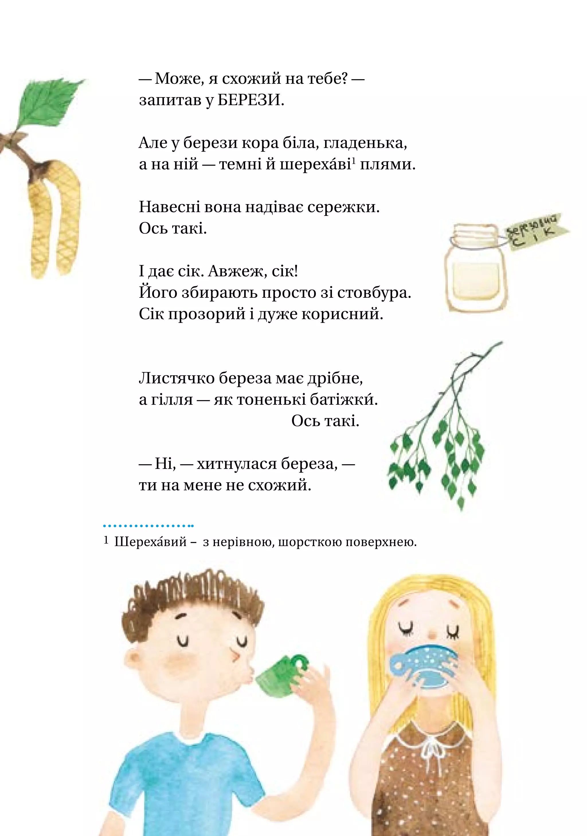 — Може, я схожий на тебе? —
запитав у БЕРЕЗИ.
Але у берези кора біла, гладенька,
а на ній — темні й шереха́ві1
плями.
Навесні вона надіває сережки.
Ось такі.
І дає сік. Авжеж, сік!
Його збирають просто зі стовбура.
Сік прозорий і дуже корисний.
Листячко береза має дрібне,
а гілля — як тоненькі батіжки́.
				 Ось такі.
— Ні, — хитнулася береза, —
ти на мене не схожий.
1 Шереха́вий – з нерівною, шорсткою поверхнею.
 