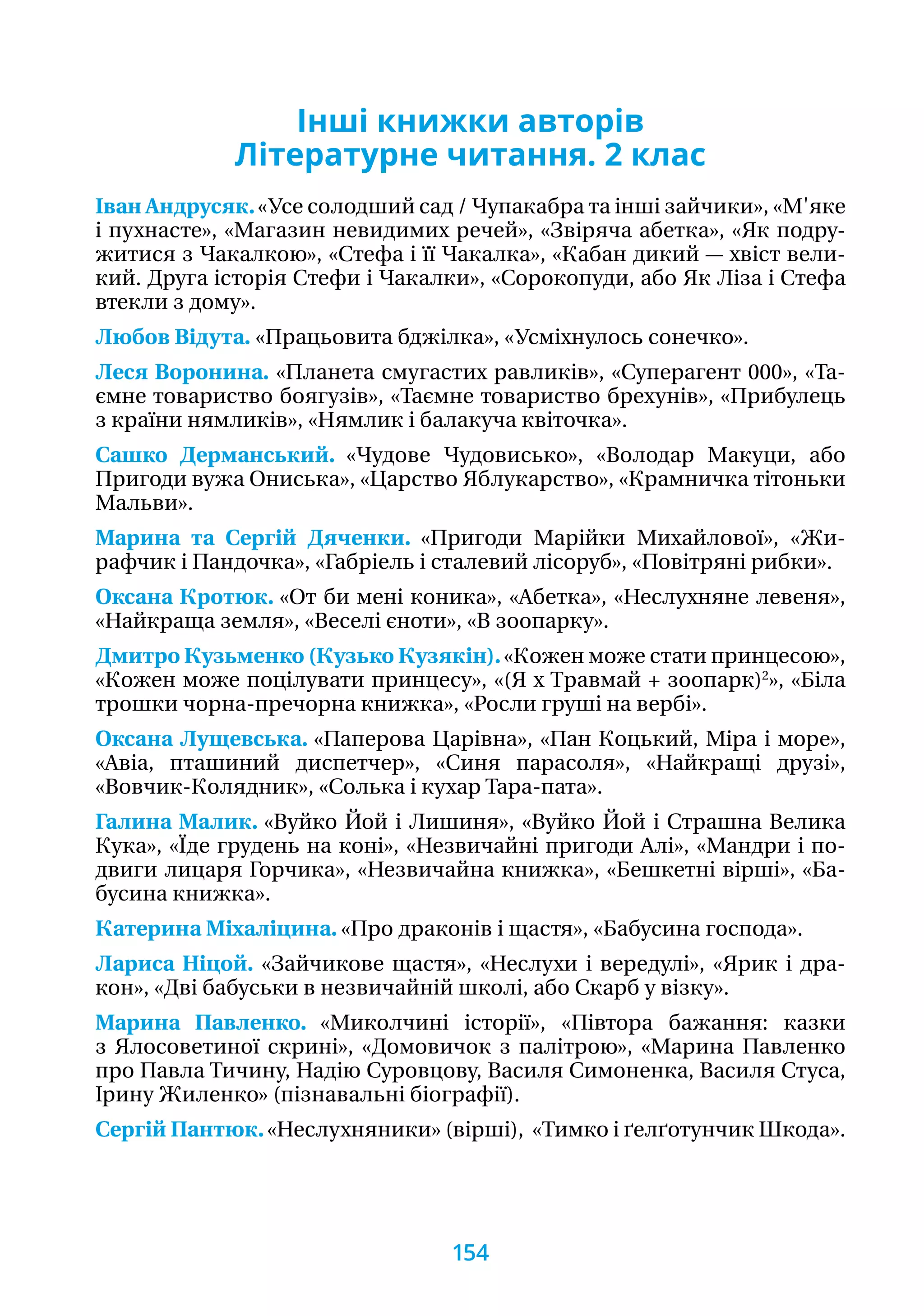 Інші книжки авторів
Літературне читання. 2 клас
Іван Андрусяк.«Усе солодший сад / Чупакабра та інші зайчики», «М'яке
і пухнасте», «Магазин невидимих речей», «Звіряча абетка», «Як подру-
житися з Чакалкою», «Стефа і її Чакалка», «Кабан дикий — хвіст вели-
кий. Друга історія Стефи і Чакалки», «Сорокопуди, або Як Ліза і Стефа
втекли з дому».
Любов Відута. «Працьовита бджілка», «Усміхнулось сонечко».
Леся Воронина. «Планета смугастих равликів», «Суперагент 000», «Та-
ємне товариство боягузів», «Таємне товариство брехунів», «Прибулець
з країни нямликів», «Нямлик і балакуча квіточка».
Сашко Дерманський. «Чудове Чудовисько», «Володар Макуци, або
Пригоди вужа Ониська», «Царство Яблукарство», «Крамничка тітоньки
Мальви».
Марина та Сергій Дяченки. «Пригоди Марійки Михайлової», «Жи-
рафчик і Пандочка», «Габріель і сталевий лісоруб», «Повітряні рибки».
Оксана Кротюк. «От би мені коника», «Абетка», «Неслухняне левеня»,
«Найкраща земля», «Веселі єноти», «В зоопарку».
Дмитро Кузьменко (Кузько Кузякін).«Кожен може стати принцесою»,
«Кожен може поцілувати принцесу», «(Я х Травмай + зоопарк)2
», «Біла
трошки чорна-пречорна книжка», «Росли груші на вербі».
Оксана Лущевська. «Паперова Царівна», «Пан Коцький, Міра і море»,
«Авіа, пташиний диспетчер», «Синя парасоля», «Найкращі друзі»,
«Вовчик-­Колядник», «Солька і кухар Тара-пата».
Галина Малик. «Вуйко Йой і Лишиня», «Вуйко Йой і Страшна Велика
Кука», «Їде грудень на коні», «Незвичайні пригоди Алі», «Мандри і по-
двиги лицаря Горчика», «Незвичайна книжка», «Бешкетні вірші», «Ба-
бусина книжка».
Катерина Міхаліцина. «Про драконів і щастя», «Бабусина господа».
Лариса Ніцой. «Зайчикове щастя», «Неслухи і вередулі», «Ярик і дра-
кон», «Дві бабуськи в незвичайній школі, або Скарб у візку».
Марина Павленко. «Миколчині історії», «Півтора бажання: казки
з  Ялосоветиної скрині», «Домовичок з палітрою», «Марина Павленко
про Павла Тичину, Надію Суровцову, Василя Симоненка, Василя Стуса,
Ірину Жиленко» (пізнавальні біографії).
Сергій Пантюк.«Неслухняники» (вірші), «Тимко і ґелґотунчик Шкода».
154
 