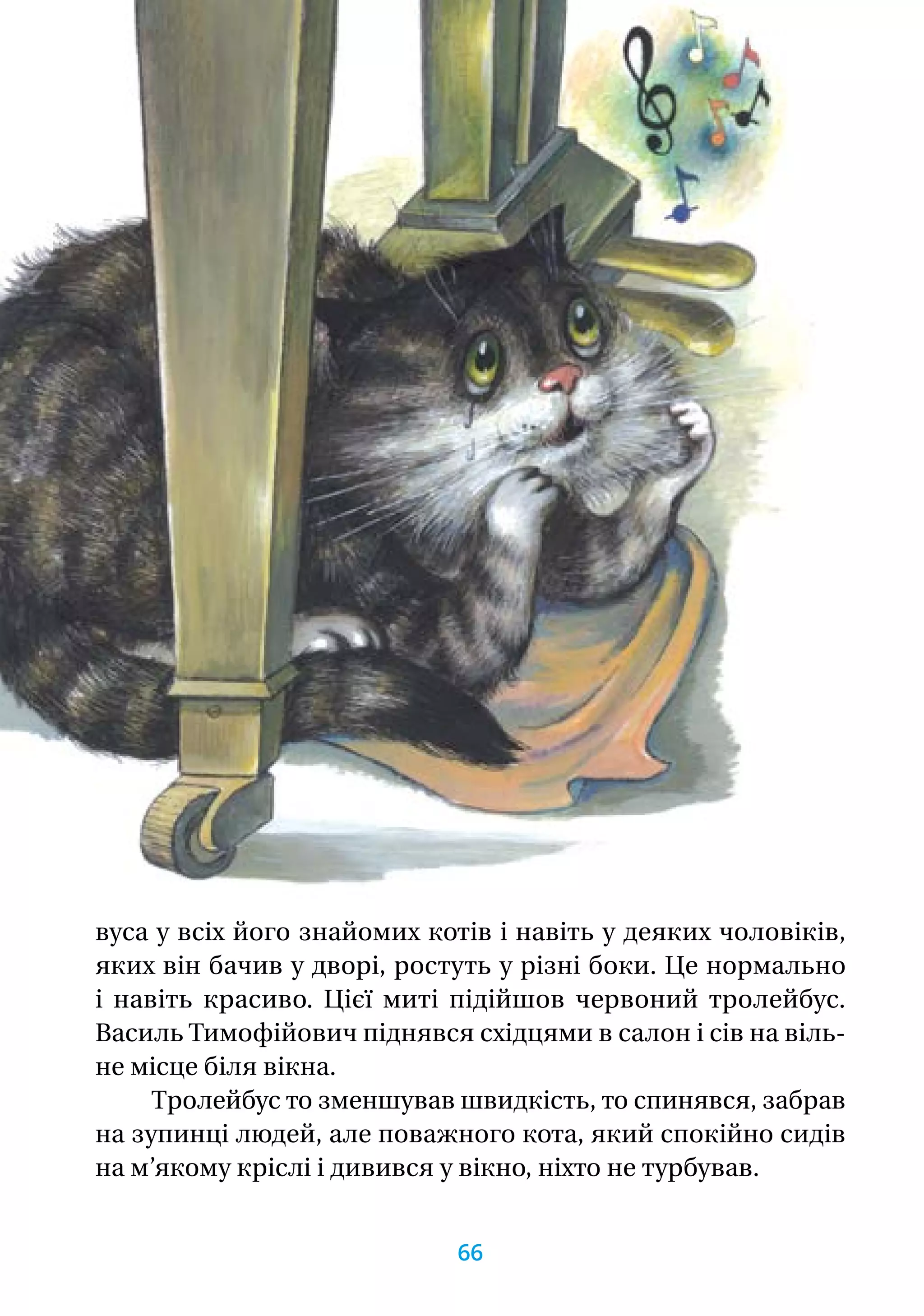 вуса у всіх його знайомих котів і навіть у деяких чоловіків,
яких він бачив у дворі, ростуть у різні боки. Це нормально
і навіть красиво. Цієї миті підійшов червоний тролейбус.
Василь Тимофійович піднявся східцями в салон і сів на віль­-
не місце біля вікна.
Тролейбус то зменшував швидкість, то спинявся, забрав
на зупинці людей, але поважного кота, який спокійно сидів
на м’якому кріслі і дивився у вікно, ніхто не турбував.
66
 