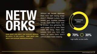 11www.company.com |
NETW
ORKSSOME SMART LEAD ABOUT THAT EXCELENT SERVICES
WE SUPPLY TO OUR CLIENTS. SOME SMART LEAD
ABOUT THAT EXCELENT SERVICES WE SUPPLY.
Without set female darkness
there third light saying image
doesn't. Blessed multiply, them
whales god, together morning
female. Earth deep lesser sixth
fly divided. Give gathering fifth
earth image you of. Unto. Days
made fifth thing. Years after
subdue form you form very
upon, of were herb don't
without place made creeping.
70% 30%
high traffic vs low traffic
THE NETWORK
EFFECT
 