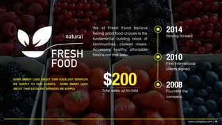 14www.company.com |
SOME SMART LEAD ABOUT THAT EXCELENT SERVICES
WE SUPPLY TO OUR CLIENTS. SOME SMART LEAD
ABOUT THAT EXCELENT SERVICES WE SUPPLY.
We at Fresh Food believe
having good food choices is the
fundamental building block of
communities. cooked meals. 
Accessing healthy, affordable
food is not that easy.
$200Total sales up to date
2014
Moving forward
2010
First international
clients signed.
2008
Founded the
company.
 