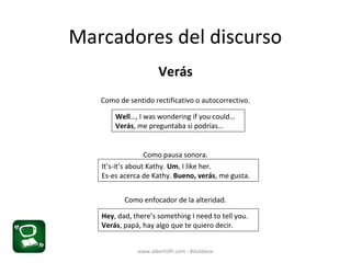 www.albertofh.com - #dubbese
Verás
Como de sentido rectificativo o autocorrectivo.
Como pausa sonora.
Como enfocador de la alteridad.
Marcadores del discurso
It’s-it’s about Kathy. Um, I like her.
Es-es acerca de Kathy. Bueno, verás, me gusta.
Well…, I was wondering if you could…
Verás, me preguntaba si podrías…
Hey, dad, there’s something I need to tell you.
Verás, papá, hay algo que te quiero decir.
 
