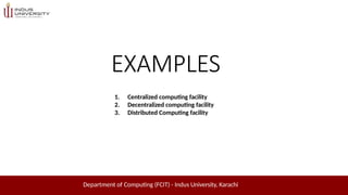 EXAMPLES
Department of Computing (FCIT) - Indus University, Karachi
1. Centralized computing facility
2. Decentralized computing facility
3. Distributed Computing facility
 