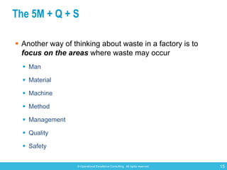 © Operational Excellence Consulting. All rights reserved. 15
The 5M + Q + S
§ Another way of thinking about waste in a fac...