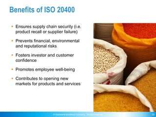© Operational Excellence Consulting. All rights reserved. 19
Benefits of ISO 20400
§ Ensures supply chain security (i.e.
p...