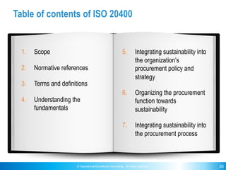 © Operational Excellence Consulting. All rights reserved. 20
Table of contents of ISO 20400
1. Scope
2. Normative referenc...