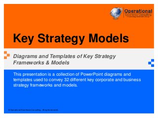 © Operational Excellence Consulting. All rights reserved.
This presentation is a collection of PowerPoint diagrams and
templates used to convey 32 different key corporate and business
strategy frameworks and models.
Key Strategy Models
Diagrams and Templates of Key Strategy
Frameworks & Models
 