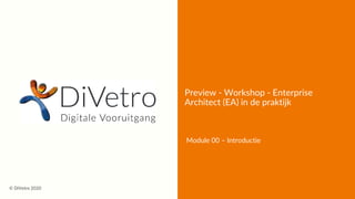 Preview - Workshop - Enterprise
Architect (EA) in de praktijk
Module 00 – Introductie
© DiVetro 2020
 