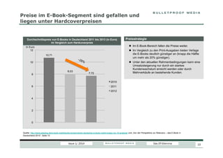 Preise im E-Book-Segment sind gefallen und
liegen unter Hardcoverpreisen

Durchschnittspreis von E-Books in Deutschland 2011 bis 2013 (in Euro)
im Vergleich zum Hardcoverpreis

Preisstrategie
  Im E-Book-Bereich fallen die Preise weiter.

In Euro
12

  Im Vergleich zu den Print-Ausgaben bieten Verlage
die E-Books deutlich günstiger an (knapp die Hälfte
um mehr als 20% günstiger).

10,71

  Unter den aktuellen Rahmenbedingungen kann eine
Umsatzsteigerung nur durch ein starkes
Kundenwachstum erreicht werden oder durch
Mehrverkäufe an bestehende Kunden.

10
8,03
8

7,72
2010

6

2011
2012

4

2

0

Quelle: http://www.akeplog.de/e-book-marktstudie-borsenverein-deutscher-e-book-markt-knapp-vor-10-analyse/ und „Von der Perspektive zur Relevanz – das E-Book in
Deutschland 2012“, Seite 15

Issue 1/ 2014

Das DT-Dilemma

13

 