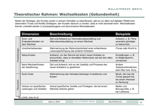 Theoretischer Rahmen: Wechselkosten (Gebundenheit)
Neben der Strategie, den Kunden positiv in seinem Verhalten zu beeinflussen, gibt es vor allem auf digitalen Plattformen
(besonders iTunes und Kindle) Strategien, den Kunden dadurch zu binden, dass er nicht wechseln kann. Wechselkosten
können unterteilt werden in prozessbezogene und ökonomische Wechselkosten.

Beispiele

Zeit und Aufwand zur Informationsbeschaffung und
Alternativenbeurteilung vor einem Wechsel

Aufwand, z. B. Filme
woanders günstiger
zu bekommen

Unsicherheitskosten

Wahrnehmung der Wahrscheinlichkeit einer schlechteren
Leistungserbringung des anderen Anbieters

iTunes oder KinoX.to

Setup-Kosten

Aufwand, um den Service bei einem neuen Anbieter so
einzurichten, dass er denselben Nettonutzen wie bei dem alten
Anbieter bringt

Einstellungen, z. B.
im Mailprogramm,
vornehmen

Nach-Wechsel-Kosten
der Gewöhnung

Zeit und Aufwand, sich an die Usability und Prozesse des
neuen Anbieters zu gewöhnen

Andere
Tastenkombinationen
beim Mac bzw. Sony

Sunk Costs
Ökonomisch

Beschreibung

Such- und
Evaluationskosten vor
dem Wechsel
Prozessbezogen

Dimension

Wahrnehmung des Verlustes bisheriger Investitionen und
Kosten

Musik, die man bei
iTunes gekauft hat,
bei einem Wechsel
zu Samsung

Verlust von spezifischen
Leistungen und Vorteilen

Verlust spezifischer Vorteile und Privilegien, die bei einem
Wechsel verloren gehen

Meilen und
Bonuspunkte, z. B.
bei Lufthansa

Blut (2008), Seite 40–42
Issue 1/ 2014

Das DT-Dilemma

21

 