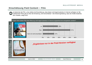 Einschätzung Paid Content – Film
Je bekannter der Film, umso stärker die Einschätzung, dass dieser nicht legal kostenlos im Internet verfügbar ist. Bei
unbekannten Filme gab es eher die Einstufung „nicht einschätzbar“. Die Erwartungshaltung, dass die Inhalte kostenlos
sein müssten, steigt nicht.

Ist der Film im Internet
legal kostenlos erhältlich?

Ist der Film im Internet
legal kostenlos erhältlich?

Frage: Kann dieser Film Ihrer Meinung nach legal kostenlos im Internet angesehen/heruntergeladen werden?

28%

Ja

51%

Nein

21%

Kann ich nicht einschätzen
0%

10%

20%

30%

40%

50%

60%

Version verfügbar
ebnisse nur in der Paid„Erg

Issue 1/ 2014

Das DT-Dilemma

33

 
