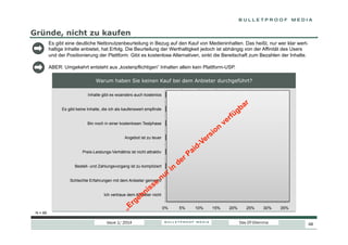 Gründe, nicht zu kaufen
Es gibt eine deutliche Nettonutzenbeurteilung in Bezug auf den Kauf von Medieninhalten. Das heißt, nur wer klar werthaltige Inhalte anbietet, hat Erfolg. Die Beurteilung der Werthaltigkeit jedoch ist abhängig von der Affinität des Users
und der Positionierung der Plattform. Gibt es kostenlose Alternativen, sinkt die Bereitschaft zum Bezahlen der Inhalte.
ABER: Umgekehrt entsteht aus „kostenpflichtigen“ Inhalten allein kein Plattform-USP.
Warum haben Sie keinen Kauf bei dem Anbieter durchgeführt?
Inhalte gibt es woanders auch kostenlos

31,5%

Es gibt keine Inhalte, die ich als kaufenswert empfinde

24,7%

Bin noch in einer kostenlosen Testphase

19,1%

Angebot ist zu teuer

12,4%

Preis-Leistungs-Verhältnis ist nicht attraktiv

9,0%

Bestell- und Zahlungsvorgang ist zu kompliziert

3,4%

Schlechte Erfahrungen mit dem Anbieter gemacht

0,0%

Ich vertraue dem Anbieter nicht

0,0%

0%

5%

10%

15%

20%

25%

30%

35%

N = 89

Issue 1/ 2014

Das DT-Dilemma

48

 