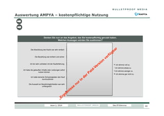 Auswertung AMPYA – kostenpflichtige Nutzung

Denken Sie nun an das Angebot, das Sie kostenpflichtig genutzt haben.
Welchen Aussagen würden Sie zustimmen?

Die Abwicklung des Kaufs war sehr einfach

Die Bezahlung war einfach und sicher

Ich bin sehr zufrieden mit der Kauferfahrung

Ich stimme voll zu
Ich stimme etwas zu

Ich habe die gekauften Inhalte oder Leistungen sofort
nutzen können

Ich stimme weniger zu
Ich stimme gar nicht zu

Ich hatte keinerlei Schwierigkeiten den Kauf
durchzuführen
Die Auswahl an Bezahlmöglichkeiten war sehr
umfangreich
0% 10% 20% 30% 40% 50% 60% 70% 80% 90% 100%

Issue 1/ 2014

Das DT-Dilemma

62

 
