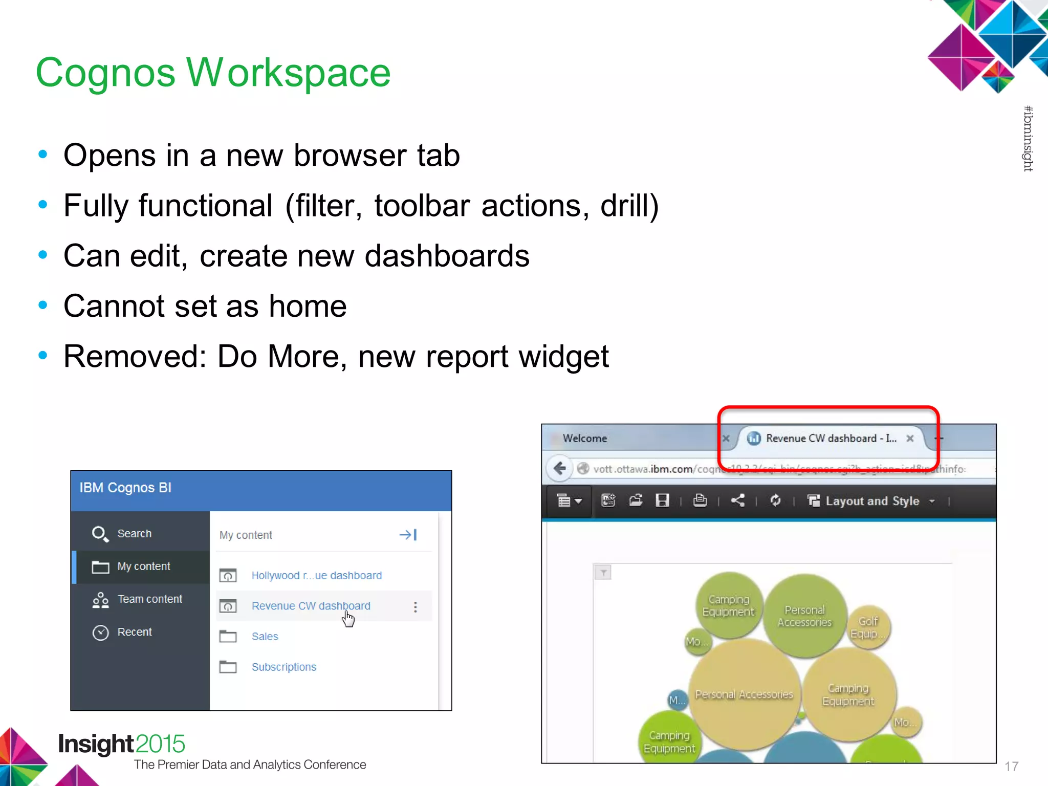 Cognos Workspace
• Opens in a new browser tab
• Fully functional (filter, toolbar actions, drill)
• Can edit, create new dashboards
• Cannot set as home
• Removed: Do More, new report widget
17
 