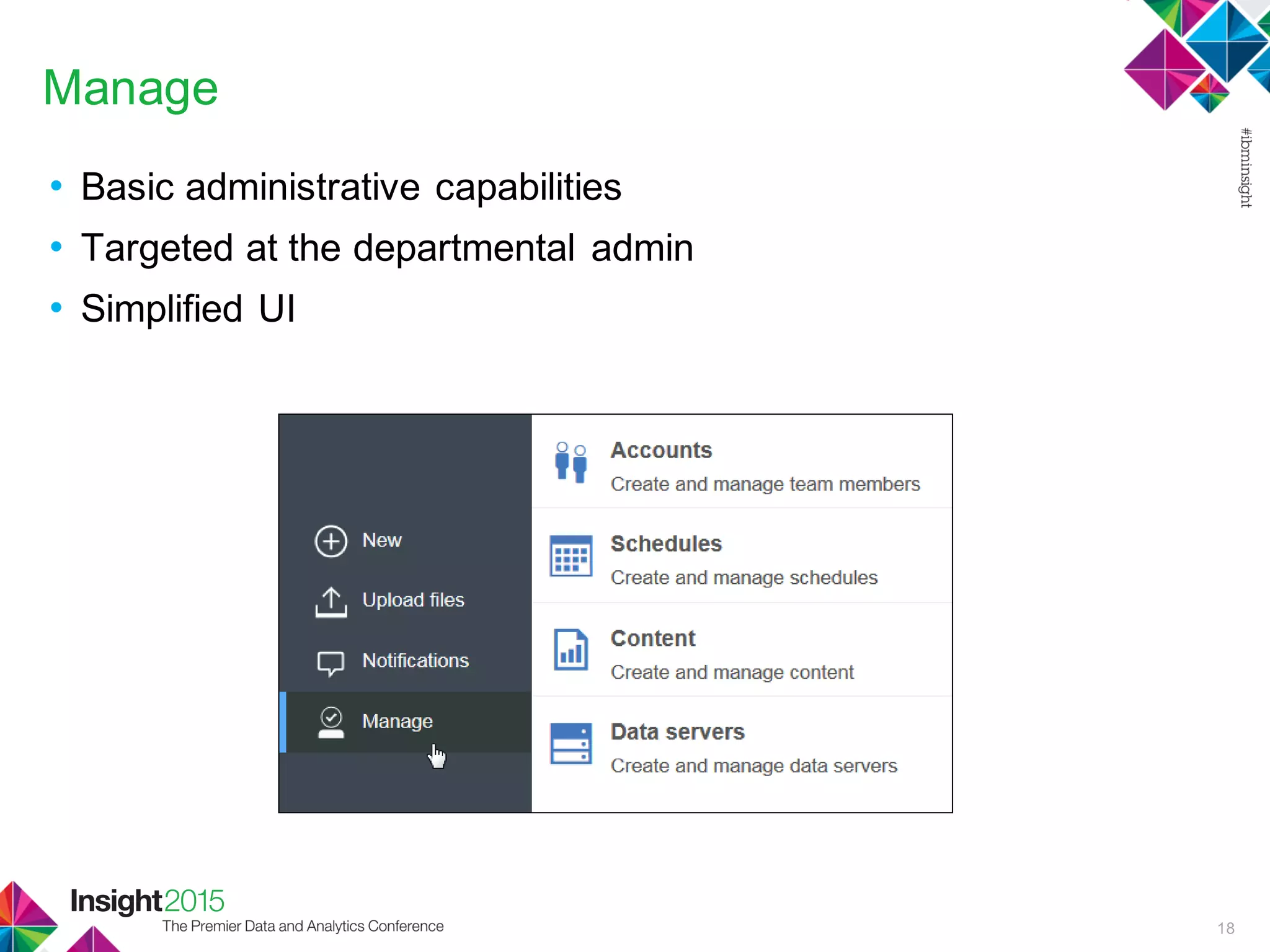 Manage
• Basic administrative capabilities
• Targeted at the departmental admin
• Simplified UI
18
 