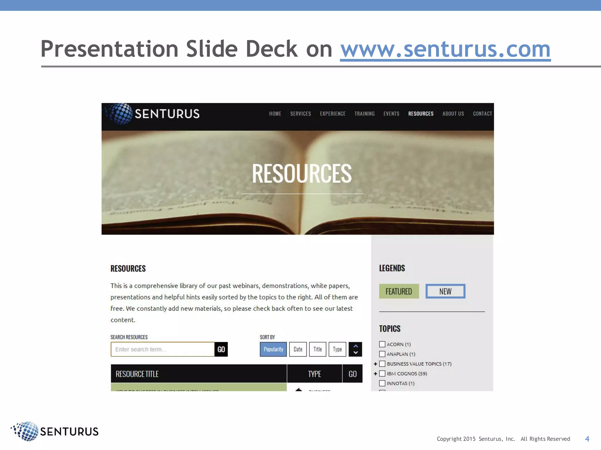 Presentation Slide Deck on www.senturus.com
Copyright 2015 Senturus, Inc. All Rights Reserved 4
 