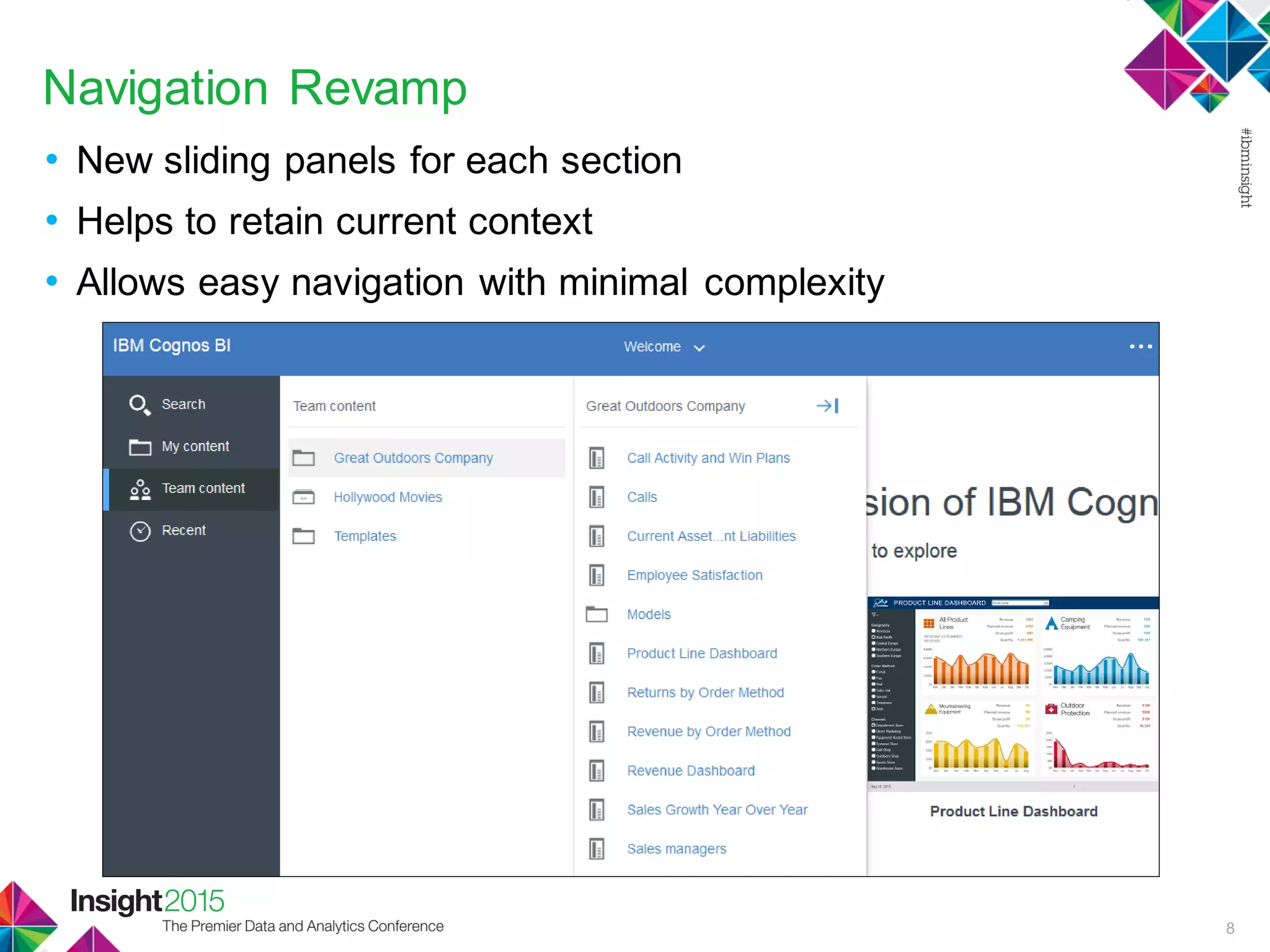 Navigation Revamp
• New sliding panels for each section
• Helps to retain current context
• Allows easy navigation with minimal complexity
8
 