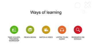 Ways of learning
TAKE A CLASS,
PROGRAM,
WORKSHOP
READ A BOOK WATCH A VIDEO LISTEN TO AN
AUDIO
RESEARCH ON
GOOGLE
 