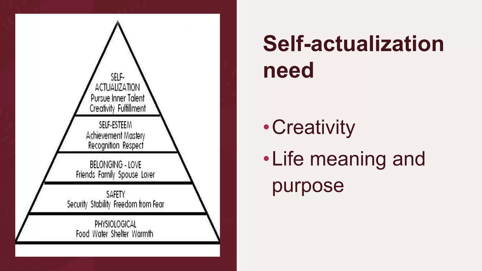 Self-actualization
need
•Creativity
•Life meaning and
purpose
 