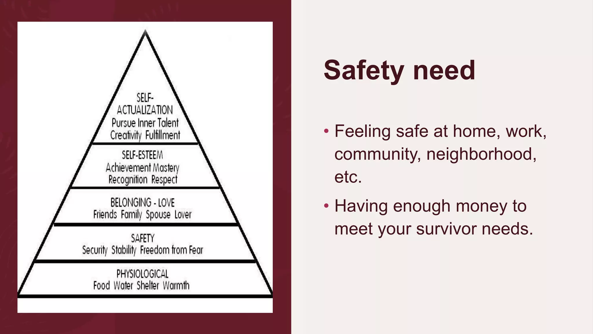 Safety need
• Feeling safe at home, work,
community, neighborhood,
etc.
• Having enough money to
meet your survivor needs.
 
