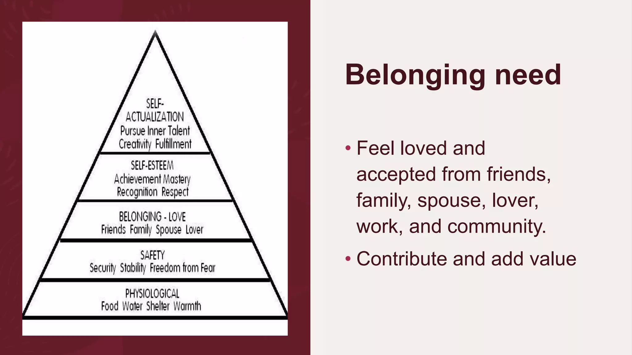 Belonging need
• Feel loved and
accepted from friends,
family, spouse, lover,
work, and community.
• Contribute and add value
 