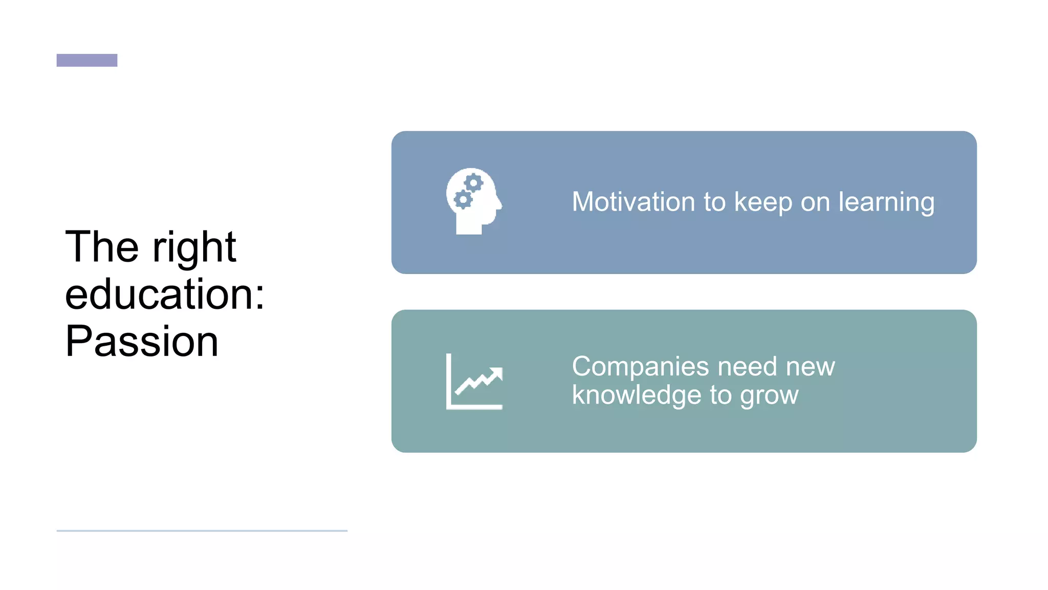 The right
education:
Passion
Motivation to keep on learning
Companies need new
knowledge to grow
 