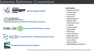 Contributed:
• Valerie Schneider
• Kerstin Howe
• Tina Graves
• Paul Flicek
• Tayebeh Rezaie
• Nathan Bouk
• Hsiu-Chuan Chen
• Jo Wood
• Joanna Collins
• Sarah Pelan
• Will Chow
• James Torrance
• Derek Albracht
• Milinn Kremitzki
• Laura Clarke
• Jane Loveland
• NCBI RefSeq and GenColl
This work was supported in part by the Intramural Research Program of the National Library of Medicine, National Institutes of Health.
 