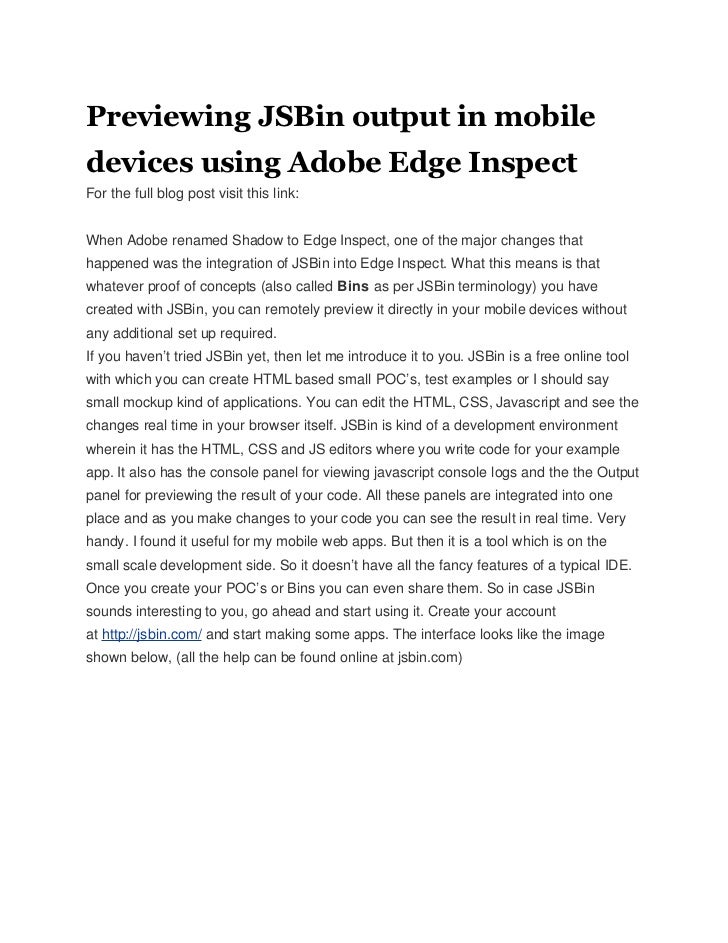 Previewing JSBin output in mobile devices using Adobe Edge Inspect