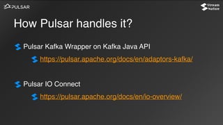 How Pulsar handles it?
Pulsar Kafka Wrapper on Kafka Java API
https://pulsar.apache.org/docs/en/adaptors-kafka/
Pulsar IO Connect
https://pulsar.apache.org/docs/en/io-overview/
 