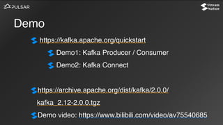 Demo
https://kafka.apache.org/quickstart
Demo1: Kafka Producer / Consumer
Demo2: Kafka Connect
https://archive.apache.org/dist/kafka/2.0.0/
kafka_2.12-2.0.0.tgz
Demo video: https://www.bilibili.com/video/av75540685
 