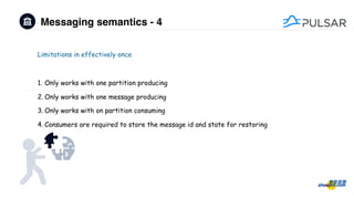 Messaging semantics - 4
Limitations in effectively once
1. Only works with one partition producing
2. Only works with one message producing
3. Only works with on partition consuming
4. Consumers are required to store the message id and state for restoring
 