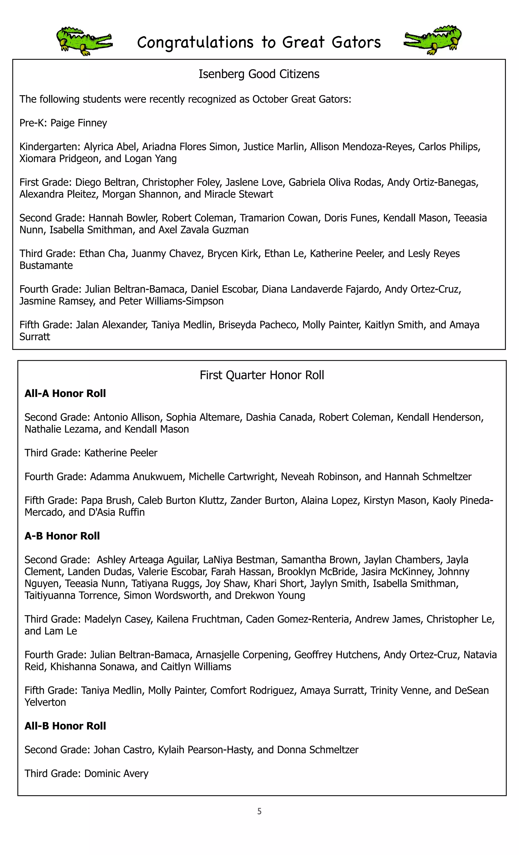 Congratulations to Great Gators 
Isenberg Good Citizens 
The following students were recently recognized as October Great Gators: 
Pre-K: Paige Finney 
Kindergarten: Alyrica Abel, Ariadna Flores Simon, Justice Marlin, Allison Mendoza-Reyes, Carlos Philips, 
Xiomara Pridgeon, and Logan Yang 
First Grade: Diego Beltran, Christopher Foley, Jaslene Love, Gabriela Oliva Rodas, Andy Ortiz-Banegas, 
Alexandra Pleitez, Morgan Shannon, and Miracle Stewart 
Second Grade: Hannah Bowler, Robert Coleman, Tramarion Cowan, Doris Funes, Kendall Mason, Teeasia 
Nunn, Isabella Smithman, and Axel Zavala Guzman 
Third Grade: Ethan Cha, Juanmy Chavez, Brycen Kirk, Ethan Le, Katherine Peeler, and Lesly Reyes 
Bustamante 
Fourth Grade: Julian Beltran-Bamaca, Daniel Escobar, Diana Landaverde Fajardo, Andy Ortez-Cruz, 
Jasmine Ramsey, and Peter Williams-Simpson 
Fifth Grade: Jalan Alexander, Taniya Medlin, Briseyda Pacheco, Molly Painter, Kaitlyn Smith, and Amaya 
Surratt 
First Quarter Honor Roll 
All-A Honor Roll 
Second Grade: Antonio Allison, Sophia Altemare, Dashia Canada, Robert Coleman, Kendall Henderson, 
Nathalie Lezama, and Kendall Mason 
Third Grade: Katherine Peeler 
Fourth Grade: Adamma Anukwuem, Michelle Cartwright, Neveah Robinson, and Hannah Schmeltzer 
Fifth Grade: Papa Brush, Caleb Burton Kluttz, Zander Burton, Alaina Lopez, Kirstyn Mason, Kaoly Pineda- 
Mercado, and D'Asia Ruffin 
A-B Honor Roll 
Second Grade: Ashley Arteaga Aguilar, LaNiya Bestman, Samantha Brown, Jaylan Chambers, Jayla 
Clement, Landen Dudas, Valerie Escobar, Farah Hassan, Brooklyn McBride, Jasira McKinney, Johnny 
Nguyen, Teeasia Nunn, Tatiyana Ruggs, Joy Shaw, Khari Short, Jaylyn Smith, Isabella Smithman, 
Taitiyuanna Torrence, Simon Wordsworth, and Drekwon Young 
Third Grade: Madelyn Casey, Kailena Fruchtman, Caden Gomez-Renteria, Andrew James, Christopher Le, 
and Lam Le 
Fourth Grade: Julian Beltran-Bamaca, Arnasjelle Corpening, Geoffrey Hutchens, Andy Ortez-Cruz, Natavia 
Reid, Khishanna Sonawa, and Caitlyn Williams 
Fifth Grade: Taniya Medlin, Molly Painter, Comfort Rodriguez, Amaya Surratt, Trinity Venne, and DeSean 
Yelverton 
All-B Honor Roll 
Second Grade: Johan Castro, Kylaih Pearson-Hasty, and Donna Schmeltzer 
Third Grade: Dominic Avery 
5 
