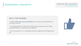 PRINCIPAIS INSIGHTS
N P S E S AT I S F A Ç Ã O
• O NPS médio das marcas avaliadas é 31. A marca com melhor NPS é a
Coca-Cola, com 45.
• A variação de NPS no mercado de refrigerantes é pequena. Kuat e Dolly
possuem NPS 21, os mais baixos do segmento.
• Em uma escala de 1 a 5, a satisfação média do segmento de refrigerantes é
4,1.
O P I N I O N B O X I N S I G H T S :
R e f r i g e r a n t e s
 