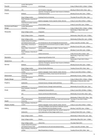 London Metropolitan
Fine Art                University                       Art & Design                                              Friday 15 March 2013, 9.30am 3.30pm

Finnish                 UCL                              East European Languages                                    Monday 25 March 2013, 10am 4pm
                                                         Japanese, Portuguese, Spanish) Taster Session at Birkbeck,
French                  Birkbeck                         University of London                                       Monday 24 June 2013, 5pm 7.30pm

                        King's College London            Studying French at University                             Thursday 20 June 2013, 10am 4pm
                        Royal Holloway, University of
                        London                           Explore Languages: French, Spanish, Italian, German       Friday 21 June 2013, 9.45am 3.30pm
                        University of London Institute
                        in Paris (ULIP)                  French Studies Taster                                     Friday 21 June 2013, 1pm 4.30pm
Furniture and Product   London Metropolitan
Design                  University                       Art & Design                                              Friday 15 March 2013, 9.30am 3.30pm
                                                                                                                   Wednesday 27 March 2013, 1pm
Geography               King's College London            Geography                                                 4.30pm

                        King's College London            Geography                                                 Wednesday 1 May 2013, 1pm 4.30pm

                        King's College London            Geography                                                 Wednesday 29 May 2013, 1pm 4.30pm
                        London School of Economics
                        and Political Science (LSE)      An Introduction to LSE and Geography & Environment       Friday 5 July 2013, 10.30am 4pm
                        Queen Mary, University of        Introduction to Environmental Science at QMUL: Discover,
                        London                           Explore, Engage                                          Monday 24 June 2013, 1pm 4.30pm
                        Queen Mary, University of        Introduction to Geography at QMUL: Discover, Explore,
                        London                           Engage                                                   Monday 17 June 2013, 1pm 4.30pm
                        Royal Holloway, University of
                        London                           Global Connections                                        Friday 28 June 2013, 9.30am 5pm
                                                                                                                   Wednesday 17 April 2013, 9.45am
Geomatics               UCL                              Engineering and Quality of Life                           4.30pm
                                                                                                                   Wednesday 17 April 2013, 9.45am
Geotechnics             UCL                              Engineering and Quality of Life                           4.30pm
                                                         Japanese, Portuguese, Spanish) Taster Session at Birkbeck,
German                  Birkbeck                         University of London
                                                                  y                                                 Monday 24 June 2013, 5pm 7.30pm
                                                                                                                         y             , p       p

                        King's College London            German Studies Workshop                                   Tuesday 18 June 2013, 10am 4pm
                        Royal Holloway, University of
                        London                           Explore Languages: French, Spanish, Italian, German       Friday 21 June 2013, 9.45am 3.30pm
                        London Metropolitan              Introduction to Politics, Governance & International
Government              University                       Relations                                                 Wednesday 19 June, 9.30am 3.30pm
                        London Metropolitan
Graphic Design          University                       Art & Design                                              Friday 15 March 2013, 9.30am 3.30pm
                                                                                                                   Wednesday 13 February 2013, 1pm
Graphics                Goldsmiths                       Fictional Futures: A design studio workshop               5pm

                        Goldsmiths                       Fictional Futures: A design studio workshop               Wednesday 26 June 2013, 1pm 5pm
                        Royal Holloway, University of
Greek                   London                           Studying the Classical World                              Friday 21 June 2013, 10.30am 3.30pm

                        UCL                              Classics and Ancient World Studies                        Wednesday 19 June 2013, 10am 6pm

                        UCL                              Discovering the Ancient World                            Wednesday 27 March 2013, 10am 5pm
                        London Metropolitan              Introduction to Health, Social Care, Youth and Community Thursday 27 June 2013, 9.30am
Health                  University                       Work                                                     3.30pm
                        Royal Holloway, University of
Hispanic Studies        London                           Explore Languages: French, Spanish, Italian, German       Friday 21 June 2013, 9.45am 3.30pm
                                                         The Roots of Modern Anti Semitism? Attitudes towards
History                 Goldsmiths                       Jews in Medieval and Early Modern Europe                  Monday 1 July 2013, 2pm 4.30pm
                                                         Can Art change the World? Does Film connect cultures? A
                        Goldsmiths                       short exploration of how images matter to us              Tuesday 30 April 2013, 1pm 3.30pm

                        King's College London            Classics                                                  Wednesday 27 March 2013, 1pm 4pm

                        King's College London            Classics                                                  Wednesday 1May 2013, 1pm 3.30pm

                        King's College London            Liberal Arts                                              Thursday 4 April 2013
                        London School of Economics
                                              (LSE)
                        and Political Science ( S )      An Introduction to LSE and International History
                                                                             S                                     Friday 5 July 2013, 10.30am 4pm
                                                                                                                                  0 3, 0.30am
                        Royal Holloway, University of
                        London                           New Perspectives in History                               Tuesday 18 June 2013, 10am 3pm


                                                                                                                                                         6
 