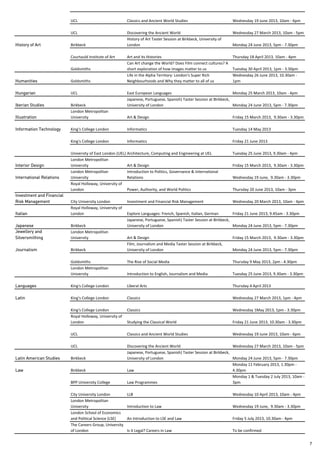 UCL                             Classics and Ancient World Studies                         Wednesday 19 June 2013, 10am 6pm

                           UCL                             Discovering the Ancient World                              Wednesday 27 March 2013, 10am 5pm
                                                           History of Art Taster Session at Birkbeck, University of
History of Art             Birkbeck                        London                                                     Monday 24 June 2013, 5pm 7.30pm

                           Courtauld Institute of Art      Art and its Histories                                      Thursday 18 April 2013, 10am 4pm
                                                           Can Art change the World? Does Film connect cultures? A
                           Goldsmiths                      short exploration of how images matter to us               Tuesday 30 April 2013, 1pm 3.30pm
                                                           Life in the Alpha Territory: London's Super Rich           Wednesday 26 June 2013, 10.30am
Humanities                 Goldsmiths                      Neighbourhoods and Why they matter to all of us            1pm

Hungarian                  UCL                             East European Languages                                    Monday 25 March 2013, 10am 4pm
                                                           Japanese, Portuguese, Spanish) Taster Session at Birkbeck,
Iberian Studies            Birkbeck                        University of London                                       Monday 24 June 2013, 5pm 7.30pm
                           London Metropolitan
Illustration               University                      Art & Design                                               Friday 15 March 2013, 9.30am 3.30pm

Information Technology     King's College London           Informatics                                                Tuesday 14 May 2013

                           King's College London           Informatics                                                Friday 21 June 2013

                           University of East London (UEL) Architecture, Computing and Engineering at UEL             Tuesday 25 June 2013, 9.30am 4pm
                           London Metropolitan
Interior Design            University                      Art & Design                                               Friday 15 March 2013, 9.30am 3.30pm
                           London Metropolitan             Introduction to Politics, Governance & International
International Relations    University                      Relations                                                  Wednesday 19 June, 9.30am 3.30pm
                           Royal Holloway, University of
                           London                          Power, Authority, and World Politics                       Thursday 20 June 2013, 10am 3pm
Investment and Financial
Risk Management            City University London          Investment and Financial Risk Management                   Wednesday 20 March 2013, 10am 4pm
                           Royal Holloway, University of
Italian                    London                          Explore Languages: French, Spanish, Italian, German
                                                             p         g g          , p      ,        ,               Friday 21 June 2013, 9.45am 3.30pm
                                                                                                                           y             ,            p
                                                           Japanese, Portuguese, Spanish) Taster Session at Birkbeck,
Japanese                   Birkbeck                        University of London                                       Monday 24 June 2013, 5pm 7.30pm
Jewellery and              London Metropolitan
Silversmithing             University                      Art & Design                                               Friday 15 March 2013, 9.30am 3.30pm
                                                           Film, Journalism and Media Taster Session at Birkbeck,
Journalism                 Birkbeck                        University of London                                       Monday 24 June 2013, 5pm 7.30pm

                           Goldsmiths                      The Rise of Social Media                                   Thursday 9 May 2013, 2pm 4.30pm
                           London Metropolitan
                           University                      Introduction to English, Journalism and Media              Tuesday 25 June 2013, 9.30am 3.30pm

Languages                  King's College London           Liberal Arts                                               Thursday 4 April 2013

Latin                      King's College London           Classics                                                   Wednesday 27 March 2013, 1pm 4pm

                           King's College London           Classics                                                   Wednesday 1May 2013, 1pm 3.30pm
                           Royal Holloway, University of
                           London                          Studying the Classical World                               Friday 21 June 2013, 10.30am 3.30pm

                           UCL                             Classics and Ancient World Studies                         Wednesday 19 June 2013, 10am 6pm

                           UCL                             Discovering the Ancient World                              Wednesday 27 March 2013, 10am 5pm
                                                           Japanese, Portuguese, Spanish) Taster Session at Birkbeck,
Latin American Studies     Birkbeck                        University of London                                       Monday 24 June 2013, 5pm 7.30pm
                                                                                                                      Monday 11 February 2013, 1.30pm
Law                        Birkbeck                        Law                                                        4.30pm
                                                                                                                      Monday 1 & Tuesday 2 July 2013, 10am
                           BPP University College          Law Programmes                                             3pm

                           City University London          LLB                                                        Wednesday 10 April 2013, 10am 4pm
                           London Metropolitan
                           University                      Introduction to Law                                        Wednesday 19 June, 9.30am 3.30pm
                           London School of Economics
                                                 (LSE)
                           and Political Science ( S )     An Introduction to LSE and Law
                                                                               S       aw                             Friday 5 July 2013, 10.30am 4pm
                                                                                                                                     0 3, 0.30am
                           The Careers Group, University
                           of London                       Is it Legal? Careers in Law                                To be confirmed


                                                                                                                                                             7
 