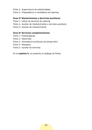 Ficha 4.- Supervisor/a de colectividades.
Ficha 5.- Preparador/a o montador/a de catering


Área 5ª Mantenimiento y Servicios Auxiliares
Ficha 1.- Jefe/a de servicios de catering
Ficha 2.- Auxiliar de mantenimiento y servicios auxiliares
Ficha 3.- Auxiliar de mantenimiento


Área 6ª Servicios complementarios
Ficha 1.- Fisioterapeuta
Ficha 2.- Socorrista
Ficha 3.- Animador/a turístico/a de tiempo libre
Ficha 4.- Masajista
Ficha 5.- Auxiliar de servicios


En el capítulo 5, se presenta el catálogo de fichas.




                                   25
 