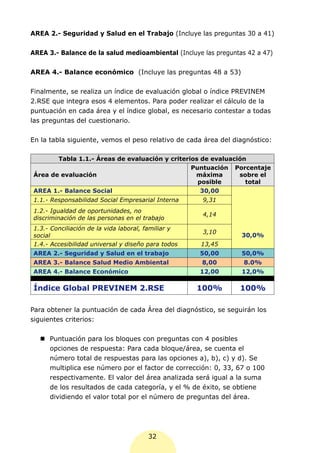 AREA 2.- Seguridad y Salud en el Trabajo (Incluye las preguntas 30 a 41)


AREA 3.- Balance de la salud medioambiental (Incluye las preguntas 42 a 47)


AREA 4.- Balance económico (Incluye las preguntas 48 a 53)


Finalmente, se realiza un índice de evaluación global o índice PREVINEM
2.RSE que integra esos 4 elementos. Para poder realizar el cálculo de la
puntuación en cada área y el índice global, es necesario contestar a todas
las preguntas del cuestionario.


En la tabla siguiente, vemos el peso relativo de cada área del diagnóstico:

        Tabla 1.1.- Áreas de evaluación y criterios de evaluación
                                                    Puntuación   Porcentaje
Área de evaluación                                   máxima       sobre el
                                                      posible       total
AREA 1.- Balance Social                               30,00
1.1.- Responsabilidad Social Empresarial Interna       9,31
1.2.- Igualdad de oportunidades, no
                                                       4,14
discriminación de las personas en el trabajo
1.3.- Conciliación de la vida laboral, familiar y
                                                       3,10
social                                                            30,0%
1.4.- Accesibilidad universal y diseño para todos     13,45
AREA 2.- Seguridad y Salud en el trabajo              50,00       50,0%
AREA 3.- Balance Salud Medio Ambiental                 8,00        8.0%
AREA 4.- Balance Económico                            12,00       12,0%

Índice Global PREVINEM 2.RSE                         100%         100%

Para obtener la puntuación de cada Área del diagnóstico, se seguirán los
siguientes criterios:


   	Puntuación para los bloques con preguntas con 4 posibles
     opciones de respuesta: Para cada bloque/área, se cuenta el
     número total de respuestas para las opciones a), b), c) y d). Se
     multiplica ese número por el factor de corrección: 0, 33, 67 o 100
     respectivamente. El valor del área analizada será igual a la suma
     de los resultados de cada categoría, y el % de éxito, se obtiene
     dividiendo el valor total por el número de preguntas del área.




                                       32
 
