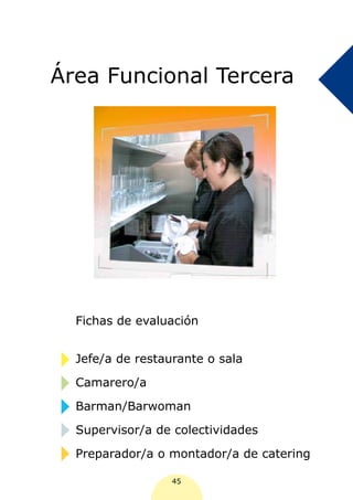 Área Funcional Tercera




  Fichas de evaluación


  Jefe/a de restaurante o sala

  Camarero/a

  Barman/Barwoman

  Supervisor/a de colectividades

  Preparador/a o montador/a de catering

                  45
 