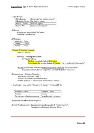 RepasoPrevioCype- Saber Repasar Estructura Leciñena López, Noelia
Página 22
.-Tipos fuerzas:
Tipo Fuerzas Cómo van “en sentido opuesto”
Momento Flextor De abajo a centro
Fuerza Cortante Paralelo a pieza
Fuerza Axil Perpendicular a pieza
.-Esfuerzo:
Tracción y Compresión Esfuerzo.
Flexión Deformación.
.-Diferencia:
Momento Plano
Flextor Dentro
Torsor Fuera
.-Torsión Solución cerrando.
+Inercia= -Flecha
Recuerda Torsión para balcón:
Si vigueta balcón,
Paralelo vigueta forjado No torsión.
Si perpendicular vigueta forjado Torsión. “ Se evita Torsión Macizando”
¡!No hay que calcular estructuras para que aguanten a Torsión, hay que evitarla!!
( Ejemplo anterior, balcón no paralelo a armado forjado macizarlo)
.-Razonamiento = Estática-Dinámica.
( sólo hemos estudiado estática).
Dinámica: la hemos traducido a estática.
En obras públicas: “ Introducción de dinámica a estática”.
.- Estabilidad ( toda unión SumaFx=0/ Suma Fy=0/ Suma M=0)
.-
Momento Flextor Momento Torsor
Flexión Torsión
Fuerza perpendicular estructura Fuerza Paralela estructura
.-Empotramiento momento negativo.
.-Evitar Desplazamiento: Sumatorio Fuerza Horizontal=0 “No momentos”.
Fuerza perpendicular eje longitud Pieza.
 