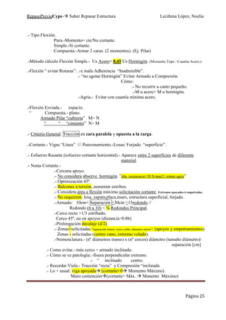 RepasoPrevioCype- Saber Repasar Estructura Leciñena López, Noelia
Página 25
.- Tipo Flexión:
Pura.-Momento= cte/No cortante.
Simple.-Si cortante.
Compuesta.-Armar 2 caras. (2 momentos). (Ej. Pilar)
.-Método cálculo Flexión Simple.- Us Acero< 0,45 Us Hormigón. (Momento Tope / Cuantía Acero.)
.-Flexión “ evitar Roturas”: .-x mala Adherencia “Inadmisible”.
.- “no agotar Hormigón” Evitar Armado a Compresión.
Cómo:
.- No recurrir a canto pequeño.
.-M u acero> M u hormigón.
.-Agria.- Evitar con cuantía mínima acero.
.-Flexión Esviada.- espacio.
“ Compuesta.- plano.
Armado Pilar “cubierta” M> N
“ “ “cimiento” N> M
.- Criterio General: Tracción en cara paralela y opuesta a la carga.
.-Cortante.- Vigas “Línea” /// Punzonamiento.-Losas/ Forjado. “superficie”.
.- Esfuerzo Rasante (esfuerzo cortante horizontal).- Aparece entre 2 superficies de diferente
material.
.- Notas Cortante.-
.-Cercana apoyo.
.- No considera absorve hormigón. ”alta resistencia>50 N/mm2// rotura agria”
.- Optimización 45º.
.- Balcones a torsión, aumentar estribos.
.- Considera área a flexión máxima solicitación cortante. Extremos apoyados ó empotrados.
.- No requieren: losa, zapata,placa,muro, estructura superficial, forjado.
.-Armado: 10cm< Separación <30cm <15redondo //
Redondo (6 a 10) < ¼ Redondos Principal.
.-Cerco recto >1/3 estribado,
Cerco 45º, no en apoyos (distancia>0.8h)
.-Prolongación decalaje (d/2).
.- Zonas+solicitadas “separación menor, cerco coble, diámetro menor”: (apoyos y empotramientos)
Zonas - solicitadas (centro vano, extremo volado).
.-Nomenclatura.- (nº diámetros tramo) x (nº cercos) diámetro (tamaño diámetro)/
separación [cm]
.- Como evitar.- más cerco + armado inclinado.
.- Cómo se ve patología:.-fisura perpendicular extremo.
.- “ inclinado centro.
.- Recordar Viela.- Tracción “recta” y Compresión “inclinada
.- Lo + usual: viga apoyada (cortante=0 Momento Máximo).
Muro contención (cortante= Máx. Monento Máximo)
 