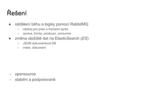 Řešení
● oddělení běhu a logiky pomocí RabbitMQ
○ nástroj pro práci s frontami zpráv
○ zpráva, fronta, producer, consumer
● změna úložiště dat na ElasticSearch (ES)
○ JSON dokumentová DB
○ index, dokument
- opensource
- stabilní a podporované
 