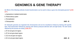 42. Which of the following methods of plant transformation can be used to induce a gene into chloroplast genome? (JUNE
2011)
a. Agrobacterium mediated transformation
b. Particle delivery system
c. Permeabilization
d. Electroporation
43. Eukaryotic genomes are organized into chromosomes and can be visualized at mitosis by staining with specific
dyes. Heat denaturation followed by staining with Giemsa produced alternate dark and light bands. The dark bands
obtained by this process are mainly (JUNE 2011)
a. AT rich and gene rich regions
b. AT rich and gene desert regions
C. GC rich and gene rich regions
d. GC rich and gene desert regions
ANS - B
ANS - B
 