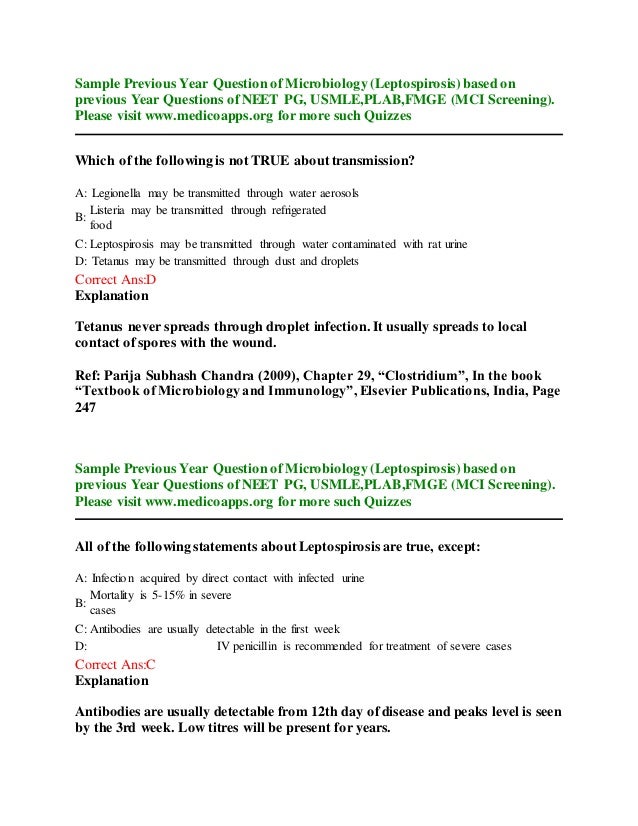 Previous year question on leptospirosis based on neet pg, usmle, plab…