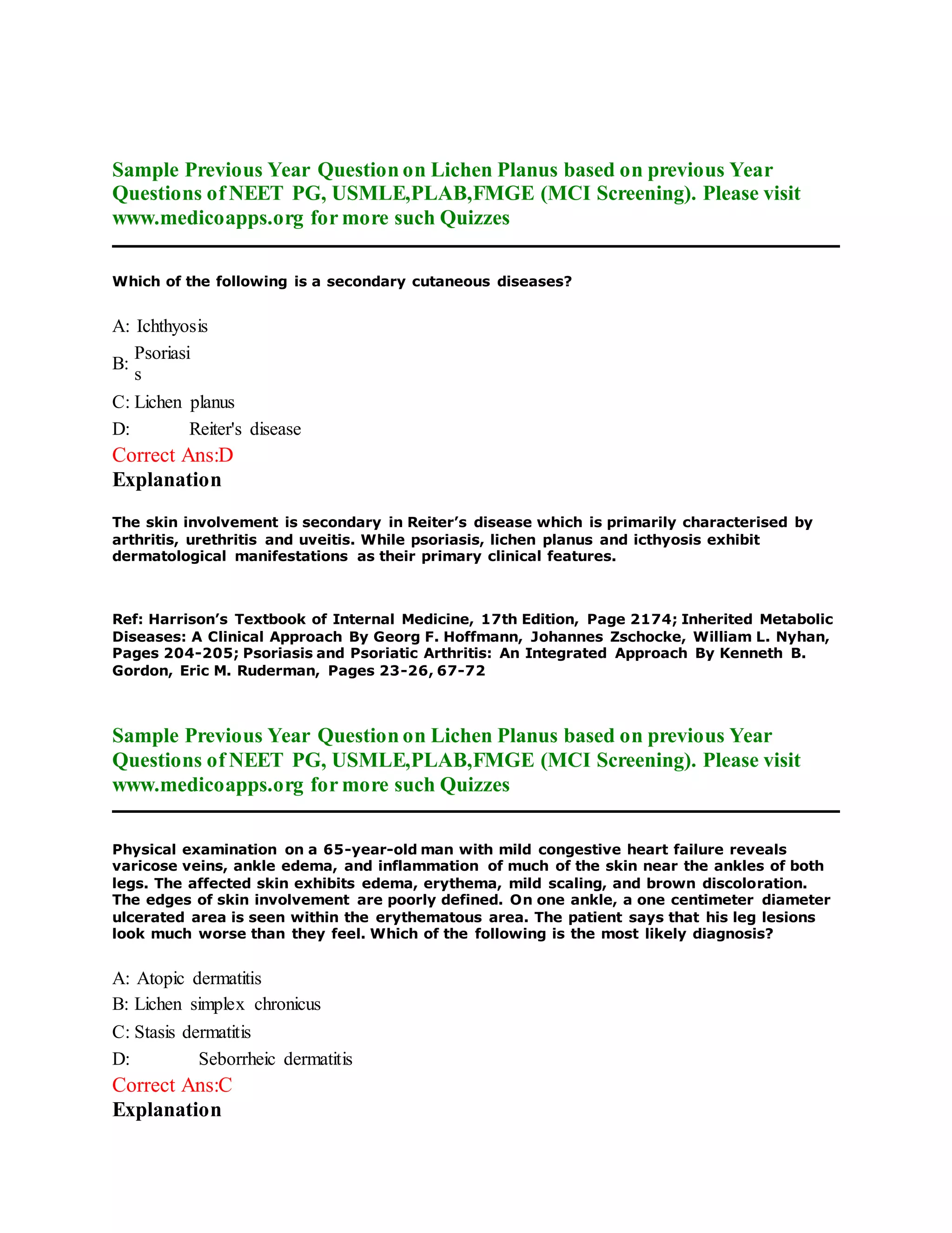 Previous year question on lichen planus based on neet pg, usmle, plab ...