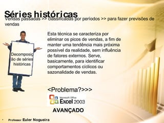 Séries históricas Vendas passadas >> classificadas por períodos >> para fazer previsões de vendas Esta técnica se caracteriza por eliminar os picos de vendas, a fim de manter uma tendência mais próxima possível da realidade, sem influência de fatores externos. Serve, basicamente, para identificar comportamentos cíclicos ou sazonalidade de vendas. <Problema?>>> Decomposição de séries históricas AVANÇADO Professor  Euler Nogueira 