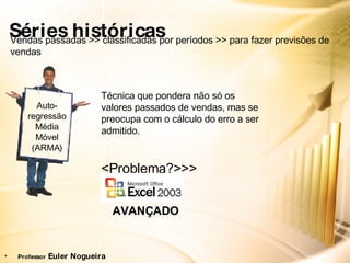 Séries históricas Vendas passadas >> classificadas por períodos >> para fazer previsões de vendas Técnica que pondera não só os valores passados de vendas, mas se preocupa com o cálculo do erro a ser admitido. <Problema?>>> Auto-regressão Média Móvel (ARMA) AVANÇADO Professor  Euler Nogueira 