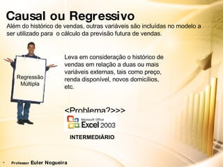 Causal ou Regressivo Além do histórico de vendas, outras variáveis são incluídas no modelo a ser utilizado para  o cálculo da previsão futura de vendas. Leva em consideração o histórico de vendas em relação a duas ou mais variáveis externas, tais como preço, renda disponível, novos domicílios, etc. <Problema?>>> Regressão Múltipla INTERMEDIÁRIO Professor  Euler Nogueira 
