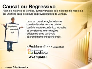 Causal ou Regressivo Além do histórico de vendas, outras variáveis são incluídas no modelo a ser utilizado para  o cálculo da previsão futura de vendas. Leva em consideração todas as correlações das vendas com o cenário macro econômico, inclusive as constantes inter-relações existentes entre variáveis aparentemente independentes. <Problema?>>>  Estatística Modelos Econométricos AVANÇADO Professor  Euler Nogueira 