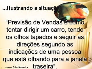 ... Ilustrando a situação!   “ Previsão de Vendas é como tentar dirigir um carro, tendo os olhos tapados e seguir as direções segundo as indicações de uma pessoa que está olhando para a janela traseira”. Professor  Euler Nogueira 